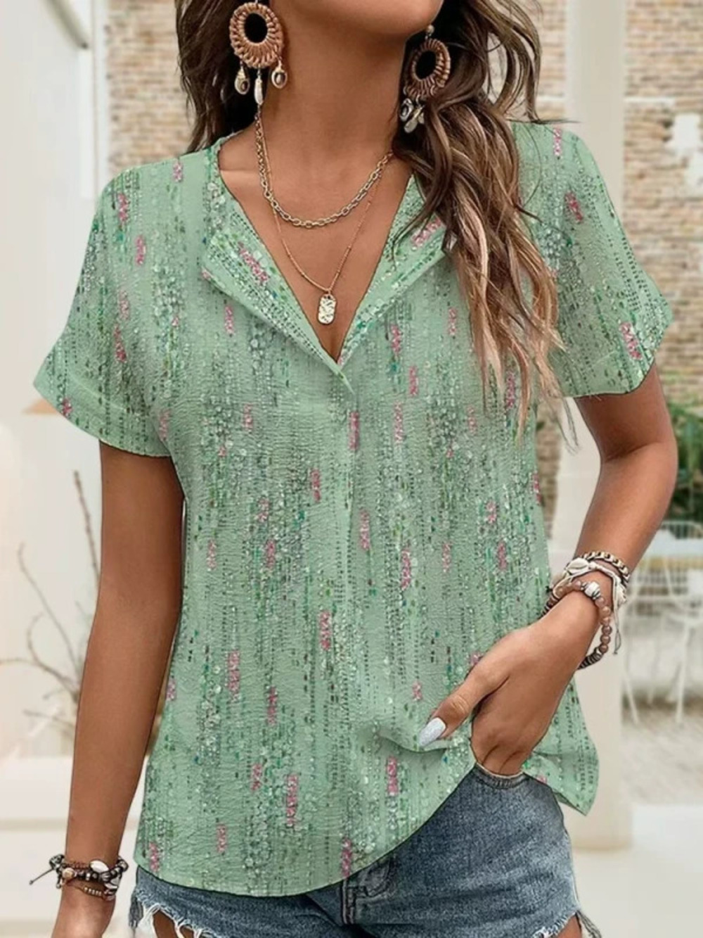 ZARA Summer Print Collar Short Sleeve Loose Casual Top